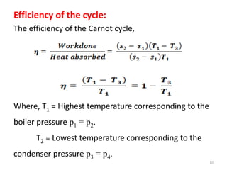 Efficiency of the cycle:
The efficiency of the Carnot cycle,
Where, T1 = Highest temperature corresponding to the
boiler pressure p1 = p2.
T2 = Lowest temperature corresponding to the
condenser pressure p3 = p4.
10
 