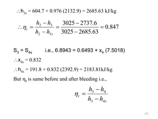101
847
.
0
63
.
2685
3025
6
.
2737
3025
3
2
3
2








s
t
h
h
h
h

s
t
h
h
h
h
4
3
4
3




h3s = 604.7 + 0.976 (2132.9) = 2685.63 kJ/kg
S3 = S4s i.e., 6.8943 = 0.6493 + x4 (7.5018)
x4s = 0.832
h4s = 191.8 + 0.832 (2392.9) = 2183.81kJ/kg
But t is same before and after bleeding i.e.,
 