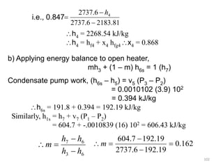 102
i.e., 0.847
81
.
2183
6
.
2737
6
.
2737 4



h
h4 = 2268.54 kJ/kg
h4 = hf4 + x4 hfg4x4 = 0.868
6
3
6
7
h
h
h
h
m



 162
.
0
19
.
192
6
.
2737
19
.
192
7
.
604




m
b) Applying energy balance to open heater,
mh3 + (1 – m) h6s = 1 (h7)
Condensate pump work, (h6s – h5) = v5 (P3 – P2)
= 0.0010102 (3.9) 102
= 0.394 kJ/kg
h6s = 191.8 + 0.394 = 192.19 kJ/kg
Similarly, h1s = h7 + v7 (P1 – P2)
= 604.7 + -.0010839 (16) 102 = 606.43 kJ/kg
 
