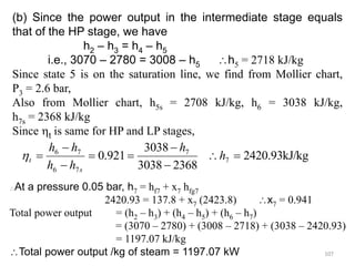 107
(b) Since the power output in the intermediate stage equals
that of the HP stage, we have
h2 – h3 = h4 – h5
i.e., 3070 – 2780 = 3008 – h5 h5 = 2718 kJ/kg
Since state 5 is on the saturation line, we find from Mollier chart,
P3 = 2.6 bar,
Also from Mollier chart, h5s = 2708 kJ/kg, h6 = 3038 kJ/kg,
h7s = 2368 kJ/kg
Since t is same for HP and LP stages,
kJ/kg
93
.
2420
2368
3038
3038
921
.
0 7
7
7
6
7
6








 h
h
h
h
h
h
s
t

At a pressure 0.05 bar, h7 = hf7 + x7 hfg7
2420.93 = 137.8 + x7 (2423.8) x7 = 0.941
Total power output = (h2 – h3) + (h4 – h5) + (h6 – h7)
= (3070 – 2780) + (3008 – 2718) + (3038 – 2420.93)
= 1197.07 kJ/kg
Total power output /kg of steam = 1197.07 kW
 