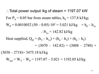 108
Total power output /kg of steam = 1197.07 kW
For P4 = 0.05 bar from steam tables, h8 = 137.8 kJ/kg;
WP = 0.0010052 (50 – 0.05) 102 = 5.021 kJ/kg = h8 – h1s
h1s = 142.82 kJ/kg
Heat supplied, QH = (h2 – h1s) + (h4 – h3) + (h6 – h5)
= (3070 – 142.82) + (3008 – 2780) +
(3038 – 2718)= 3475.18 kJ/kg
Wnet = WT – WP = 1197.07 – 5.021 = 1192.05 kJ/kg
 