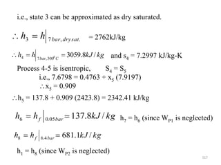 117
.
,
7
3 sat
dry
bar
h
h 

kg
kJ
h
h C
bar
/
8
.
3059
0
300
,
7
4 


i.e., state 3 can be approximated as dry saturated.
= 2762kJ/kg
and s4 = 7.2997 kJ/kg-K
Process 4-5 is isentropic, S4 = S5
i.e., 7.6798 = 0.4763 + x5 (7.9197)
x5 = 0.909
kg
kJ
h
h bar
f /
8
.
137
05
.
0
6 

kg
kJ
h
h bar
f /
1
.
681
4
.
6
8 

h5 = 137.8 + 0.909 (2423.8) = 2342.41 kJ/kg
h7 = h6 (since WP1 is neglected)
h1 = h8 (since WP2 is neglected)
 