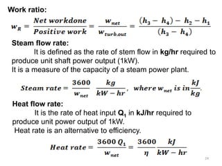 Work ratio:
Steam flow rate:
It is defined as the rate of stem flow in kg/hr required to
produce unit shaft power output (1kW).
It is a measure of the capacity of a steam power plant.
Heat flow rate:
It is the rate of heat input Q1 in kJ/hr required to
produce unit power output of 1kW.
Heat rate is an alternative to efficiency.
24
 