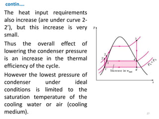 contin….
The heat input requirements
also increase (are under curve 2-
2’), but this increase is very
small.
Thus the overall effect of
lowering the condenser pressure
is an increase in the thermal
efficiency of the cycle.
However the lowest pressure of
condenser under ideal
conditions is limited to the
saturation temperature of the
cooling water or air (cooling
medium). 27
 