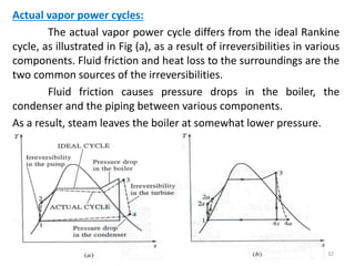 Actual vapor power cycles:
The actual vapor power cycle differs from the ideal Rankine
cycle, as illustrated in Fig (a), as a result of irreversibilities in various
components. Fluid friction and heat loss to the surroundings are the
two common sources of the irreversibilities.
Fluid friction causes pressure drops in the boiler, the
condenser and the piping between various components.
As a result, steam leaves the boiler at somewhat lower pressure.
32
 