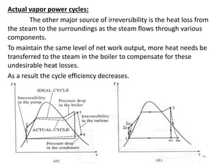 Actual vapor power cycles:
The other major source of irreversibility is the heat loss from
the steam to the surroundings as the steam flows through various
components.
To maintain the same level of net work output, more heat needs be
transferred to the steam in the boiler to compensate for these
undesirable heat losses.
As a result the cycle efficiency decreases.
34
 
