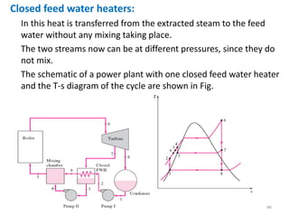 Closed feed water heaters:
In this heat is transferred from the extracted steam to the feed
water without any mixing taking place.
The two streams now can be at different pressures, since they do
not mix.
The schematic of a power plant with one closed feed water heater
and the T-s diagram of the cycle are shown in Fig.
46
 