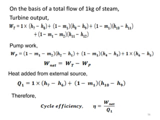 On the basis of a total flow of 1kg of steam,
Turbine output,
56
Pump work,
Heat added from external source,
Therefore,
 