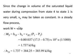 Since the change in volume of the saturated liquid
water during compression from state 4 to state 1 is
very small, v4 may be taken as constant. In a steady
flow process,
work W = -vdp
WP = h1S – h4 = vfP2 (P1 – P2)
= 0.001037 (17.5 – 0.75) x 105 x (1/1000)
= 1.737 kJ/kg
h1S = 1.737 + 384.25 = 385.99 kJ/kg
64
 