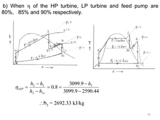 80
b) When  of the HP turbine, LP turbine and feed pump are
80%, 85% and 90% respectively.
44
.
2590
9
.
3099
9
.
3099
8
.
0 3
3
2
3
2







h
h
h
h
h
s
tHP

h3 = 2692.33 kJ/kg
 