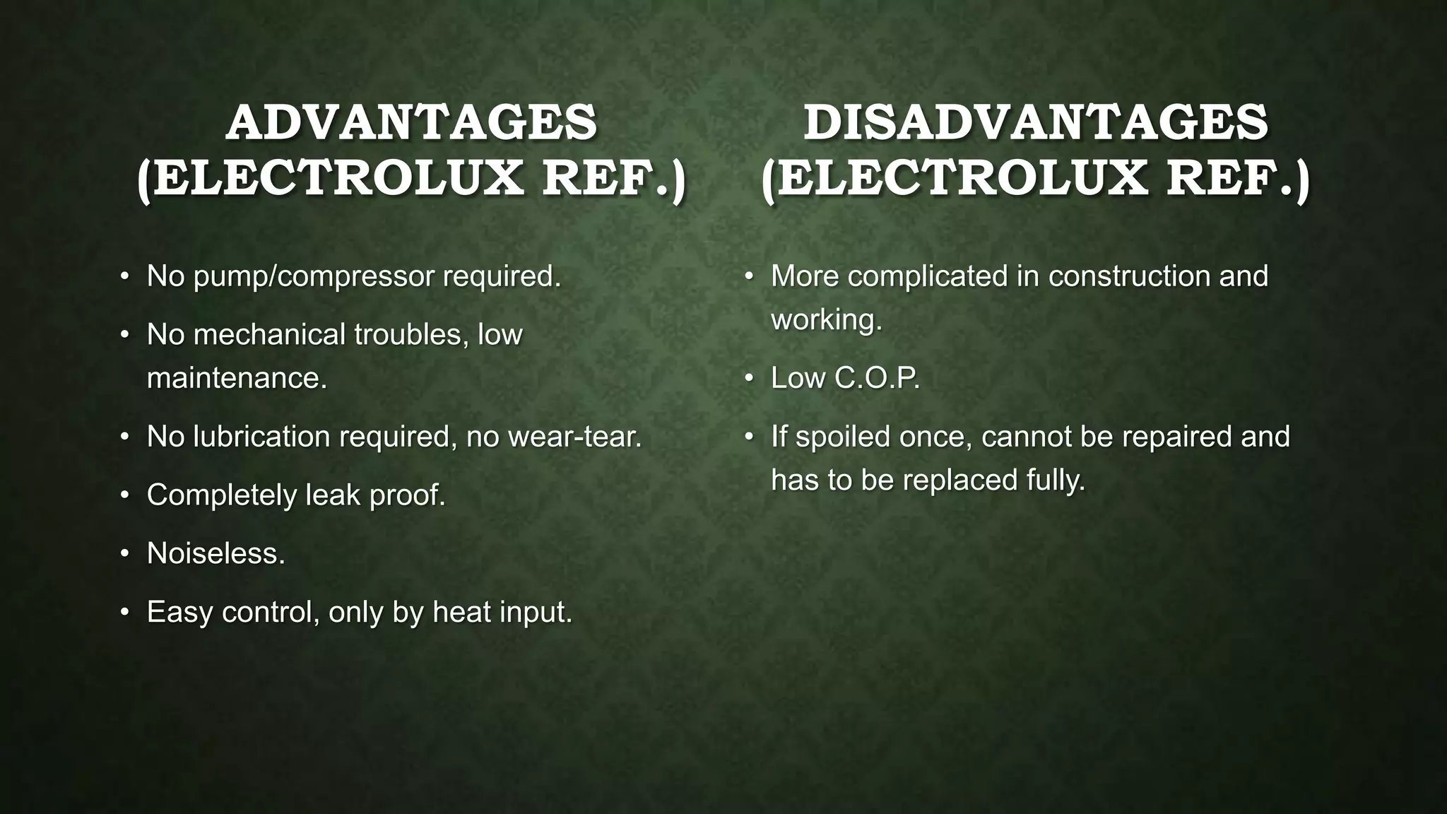 ADVANTAGES
(ELECTROLUX REF.)
• No pump/compressor required.
• No mechanical troubles, low
maintenance.
• No lubrication required, no wear-tear.
• Completely leak proof.
• Noiseless.
• Easy control, only by heat input.
• More complicated in construction and
working.
• Low C.O.P.
• If spoiled once, cannot be repaired and
has to be replaced fully.
DISADVANTAGES
(ELECTROLUX REF.)
 
