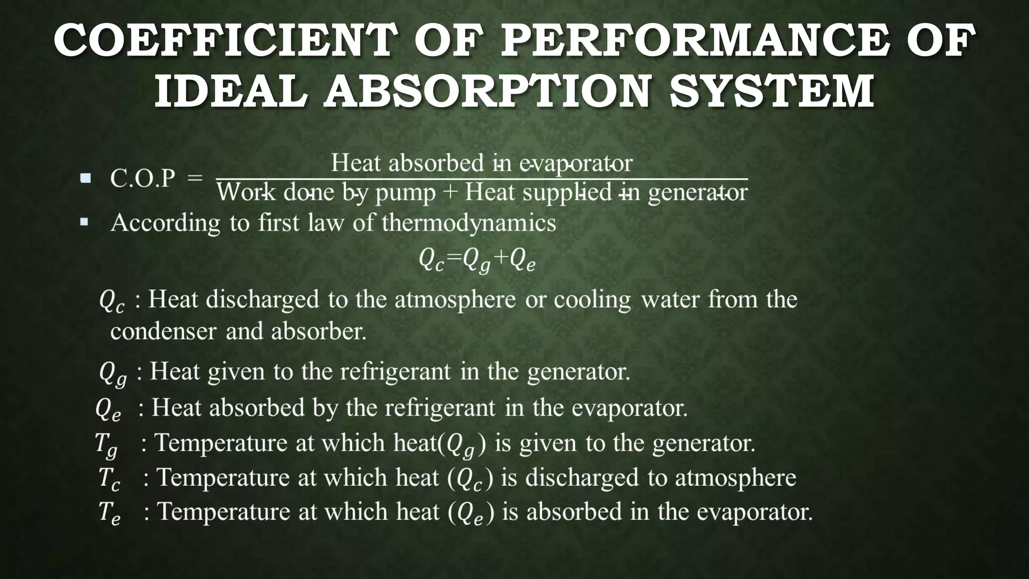 COEFFICIENT OF PERFORMANCE OF
IDEAL ABSORPTION SYSTEM
 