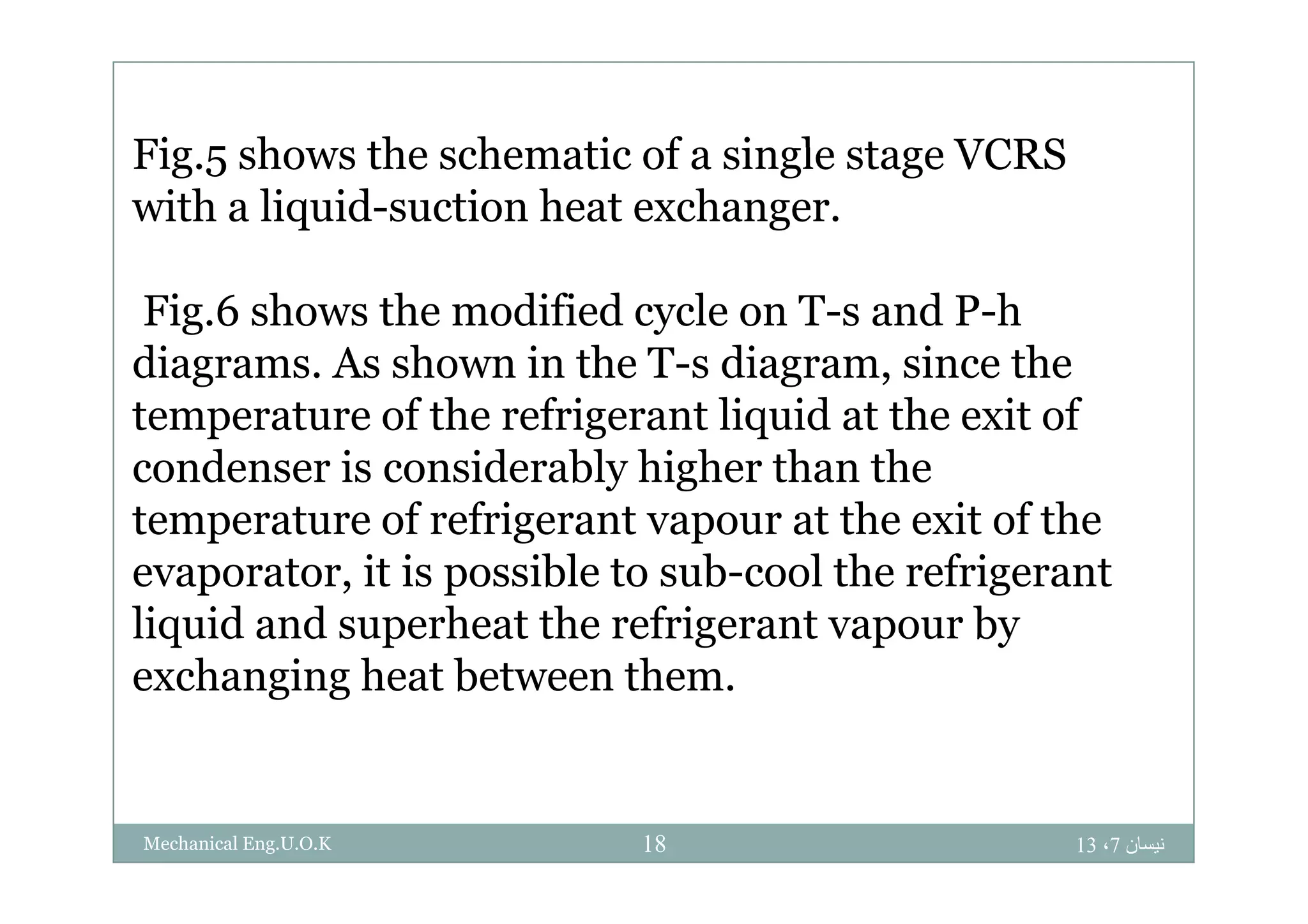Fig 5 sho s the sche atic of a si gle stage VCRSFig.5 shows the schematic of a single stage VCRS
with a liquid-suction heat exchanger.
Fig.6 shows the modified cycle on T-s and P-h
diagrams As shown in the T s diagram since thediagrams. As shown in the T-s diagram, since the
temperature of the refrigerant liquid at the exit of
condenser is considerably higher than thecondenser is considerably higher than the
temperature of refrigerant vapour at the exit of the
evaporator it is possible to sub cool the refrigerantevaporator, it is possible to sub-cool the refrigerant
liquid and superheat the refrigerant vapour by
exchanging heat between themexchanging heat between them.
‫نيسان‬7،1318Mechanical Eng.U.O.K
 