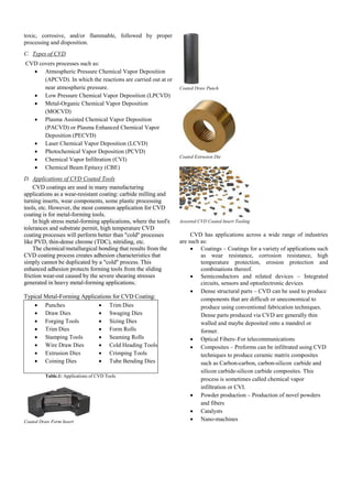 toxic, corrosive, and/or flammable, followed by proper
processing and disposition.
C. Types of CVD
CVD covers processes such as:
 Atmospheric Pressure Chemical Vapor Deposition
(APCVD). In which the reactions are carried out at or
near atmospheric pressure.
 Low Pressure Chemical Vapor Deposition (LPCVD)
 Metal-Organic Chemical Vapor Deposition
(MOCVD)
 Plasma Assisted Chemical Vapor Deposition
(PACVD) or Plasma Enhanced Chemical Vapor
Deposition (PECVD)
 Laser Chemical Vapor Deposition (LCVD)
 Photochemical Vapor Deposition (PCVD)
 Chemical Vapor Infiltration (CVI)
 Chemical Beam Epitaxy (CBE)
D. Applications of CVD Coated Tools
CVD coatings are used in many manufacturing
applications as a wear-resistant coating: carbide milling and
turning inserts, wear components, some plastic processing
tools, etc. However, the most common application for CVD
coating is for metal-forming tools.
In high stress metal-forming applications, where the tool's
tolerances and substrate permit, high temperature CVD
coating processes will perform better than "cold" processes
like PVD, thin-dense chrome (TDC), nitriding, etc.
The chemical/metallurgical bonding that results from the
CVD coating process creates adhesion characteristics that
simply cannot be duplicated by a "cold" process. This
enhanced adhesion protects forming tools from the sliding
friction wear-out caused by the severe shearing stresses
generated in heavy metal-forming applications.
Typical Metal-Forming Applications for CVD Coating:
 Punches
 Draw Dies
 Forging Tools
 Trim Dies
 Stamping Tools
 Wire Draw Dies
 Extrusion Dies
 Coining Dies
 Trim Dies
 Swaging Dies
 Sizing Dies
 Form Rolls
 Seaming Rolls
 Cold Heading Tools
 Crimping Tools
 Tube Bending Dies
Table.1: Applications of CVD Tools
Coated Draw Form Insert
Coated Draw Punch
Coated Extrusion Die
Assorted CVD Coated Insert Tooling
CVD has applications across a wide range of industries
are such as:
 Coatings – Coatings for a variety of applications such
as wear resistance, corrosion resistance, high
temperature protection, erosion protection and
combinations thereof.
 Semiconductors and related devices – Integrated
circuits, sensors and optoelectronic devices
 Dense structural parts – CVD can be used to produce
components that are difficult or uneconomical to
produce using conventional fabrication techniques.
Dense parts produced via CVD are generally thin
walled and maybe deposited onto a mandrel or
former.
 Optical Fibers–For telecommunications
 Composites – Preforms can be infiltrated using CVD
techniques to produce ceramic matrix composites
such as Carbon-carbon, carbon-silicon carbide and
silicon carbide-silicon carbide composites. This
process is sometimes called chemical vapor
infiltration or CVI.
 Powder production – Production of novel powders
and fibers
 Catalysts
 Nano-machines
 