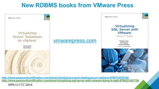 http://www.pearsonitcertification.com/store/virtualizing-oracle-databases-on-vsphere-9780133570182
http://www.pearsonitcertification.com/store/virtualizing-sql-server-with-vmware-doing-it-right-9780321927750
New RDBMS books from VMware Press
vmwarepress.com
 