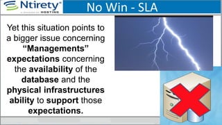 No Win - SLA
Yet this situation points to
a bigger issue concerning
“Managements”
expectations concerning
the availability of the
database and the
physical infrastructures
ability to support those
expectations.
 