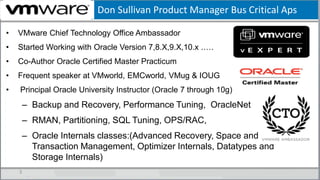 Don Sullivan Product Manager Bus Critical Aps
• VMware Chief Technology Office Ambassador
• Started Working with Oracle Version 7,8.X,9.X,10.x .….
• Co-Author Oracle Certified Master Practicum
• Frequent speaker at VMworld, EMCworld, VMug & IOUG
• Principal Oracle University Instructor (Oracle 7 through 10g)
– Backup and Recovery, Performance Tuning, OracleNet
– RMAN, Partitioning, SQL Tuning, OPS/RAC,
– Oracle Internals classes:(Advanced Recovery, Space and
Transaction Management, Optimizer Internals, Datatypes and
Storage Internals)
3
 