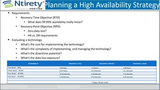 Planning a High Availability Strategy
 Requirements
• Recovery Time Objective (RTO)
• What does 99.99% availability really mean?
• Recovery Point Objective (RPO)
• Zero data lost?
• HA vs. DR requirements
 Evaluating a technology
• What’s the cost for implementing the technology?
• What’s the complexity of implementing, and managing the technology?
• What’s the downtime potential?
• What’s the data loss exposure?
Availability % Downtime / Year Downtime / Month * Downtime / week
"Two Nines" - 99% 3.65 Days 7.2 Hours 1.69 Hours
"Three Nines" - 99.9% 8.76 Hours 43.2 Minutes 10.1 Minutes
"Four Nines" - 99.99% 52.56 Minutes 4.32 Minutes 1.01 Minutes
"Five Nines" - 99.999% 5.26 Minutes 25.9 Seconds 6.06 Seconds
* Using a 30 day month
 