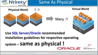 Use SQL Server/Oracle recommended
installation guidelines for respective operating
system – same as physical !
Physical World 1 :1 Virtual World
Many :1
Same As Physical
 