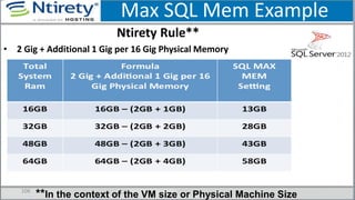 Max SQL Mem Example
Ntirety Rule**
• 2 Gig + Additional 1 Gig per 16 Gig Physical Memory
106
**In the context of the VM size or Physical Machine Size
 