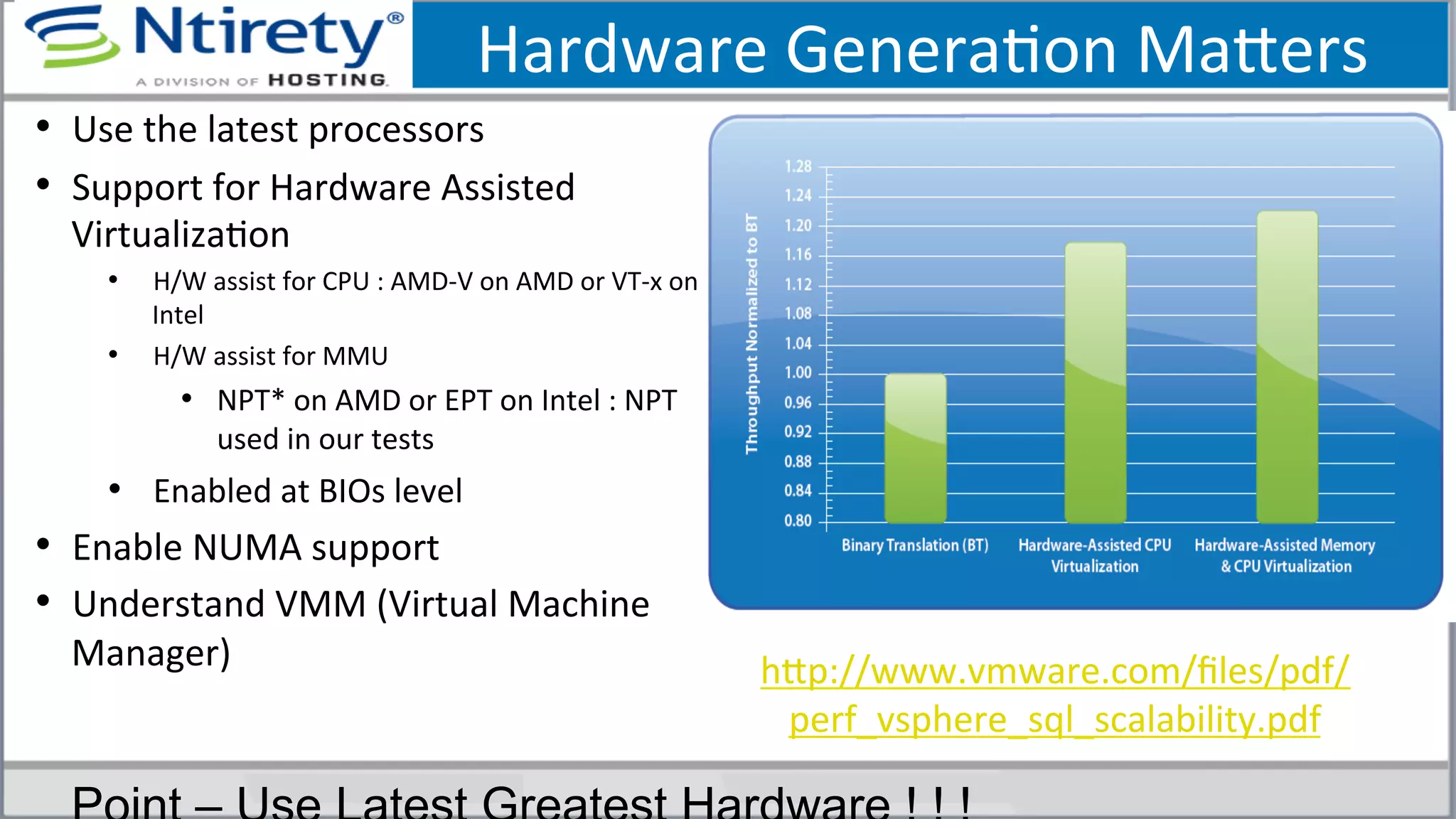 Hardware	
  GeneraSon	
  Maxers	
  
•  Use	
  the	
  latest	
  processors	
  
•  Support	
  for	
  Hardware	
  Assisted	
  
VirtualizaSon	
  
•  H/W	
  assist	
  for	
  CPU	
  :	
  AMD-­‐V	
  on	
  AMD	
  or	
  VT-­‐x	
  on	
  
Intel	
  
•  H/W	
  assist	
  for	
  MMU	
  
•  NPT*	
  on	
  AMD	
  or	
  EPT	
  on	
  Intel	
  :	
  NPT	
  
used	
  in	
  our	
  tests	
  
•  Enabled	
  at	
  BIOs	
  level	
  
•  Enable	
  NUMA	
  support	
  
•  Understand	
  VMM	
  (Virtual	
  Machine	
  
Manager)	
  
Benefits of hardware assistance for CPU and Memory Virtualization
hxp://www.vmware.com/ﬁles/pdf/
perf_vsphere_sql_scalability.pdf	
  
 
