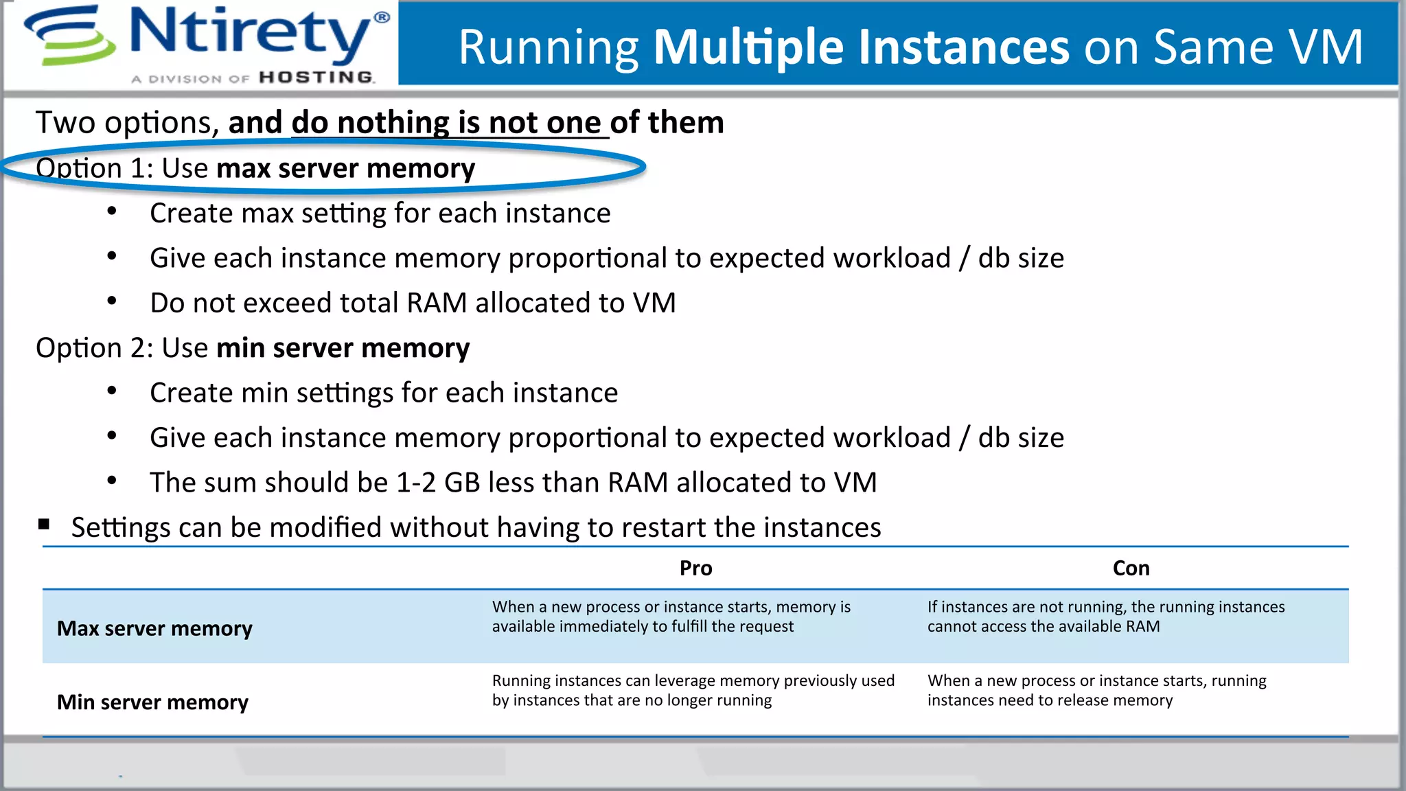 Running	
  MulAple	
  Instances	
  on	
  Same	
  VM	
  
Two	
  opSons,	
  and	
  do	
  nothing	
  is	
  not	
  one	
  of	
  them	
  
OpSon	
  1:	
  Use	
  max	
  server	
  memory	
  	
  
•  Create	
  max	
  seong	
  for	
  each	
  instance	
  
•  Give	
  each	
  instance	
  memory	
  proporSonal	
  to	
  expected	
  workload	
  /	
  db	
  size	
  
•  Do	
  not	
  exceed	
  total	
  RAM	
  allocated	
  to	
  VM	
  
OpSon	
  2:	
  Use	
  min	
  server	
  memory	
  
•  Create	
  min	
  seongs	
  for	
  each	
  instance	
  
•  Give	
  each	
  instance	
  memory	
  proporSonal	
  to	
  expected	
  workload	
  /	
  db	
  size	
  
•  The	
  sum	
  should	
  be	
  1-­‐2	
  GB	
  less	
  than	
  RAM	
  allocated	
  to	
  VM	
  
§  Seongs	
  can	
  be	
  modiﬁed	
  without	
  having	
  to	
  restart	
  the	
  instances	
  
Pro	
   Con	
  
Max	
  server	
  memory	
  
When	
  a	
  new	
  process	
  or	
  instance	
  starts,	
  memory	
  is	
  
available	
  immediately	
  to	
  fulﬁll	
  the	
  request	
  
If	
  instances	
  are	
  not	
  running,	
  the	
  running	
  instances	
  
cannot	
  access	
  the	
  available	
  RAM	
  
Min	
  server	
  memory	
  
Running	
  instances	
  can	
  leverage	
  memory	
  previously	
  used	
  
by	
  instances	
  that	
  are	
  no	
  longer	
  running	
  
When	
  a	
  new	
  process	
  or	
  instance	
  starts,	
  running	
  
instances	
  need	
  to	
  release	
  memory	
  
 