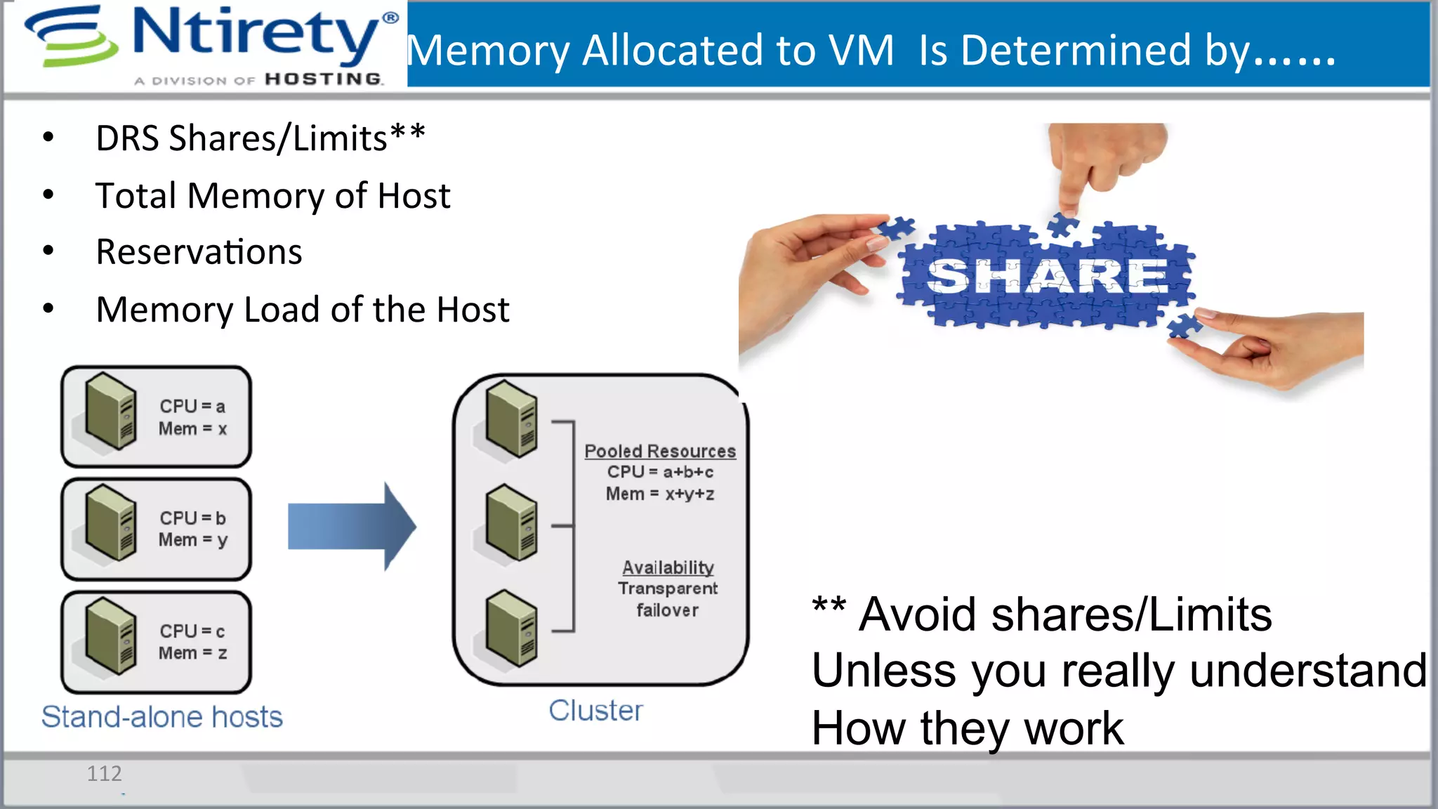 Memory	
  Allocated	
  to	
  VM	
  	
  Is	
  Determined	
  by……	
  
•  DRS	
  Shares/Limits**	
  
•  Total	
  Memory	
  of	
  Host	
  
•  ReservaSons	
  
•  Memory	
  Load	
  of	
  the	
  Host	
  
112	
  
** Avoid shares/Limits
Unless you really understand
How they work
 