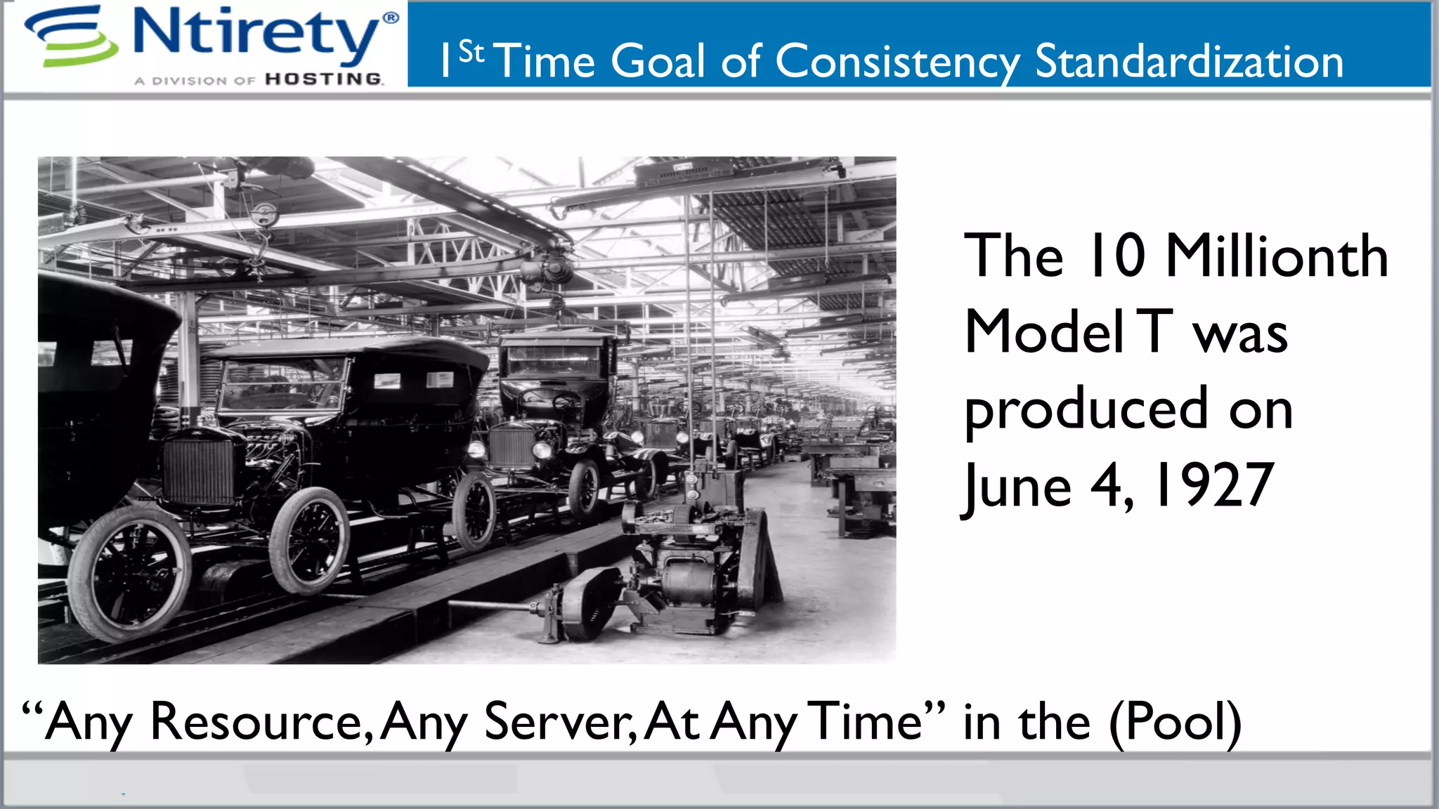 1St Time Goal of Consistency Standardization 	

Can Be Achieved	

“Any Resource,Any Server,At Any Time” in the (Pool)	

The 10 Millionth
Model T was
produced on
June 4, 1927	

 