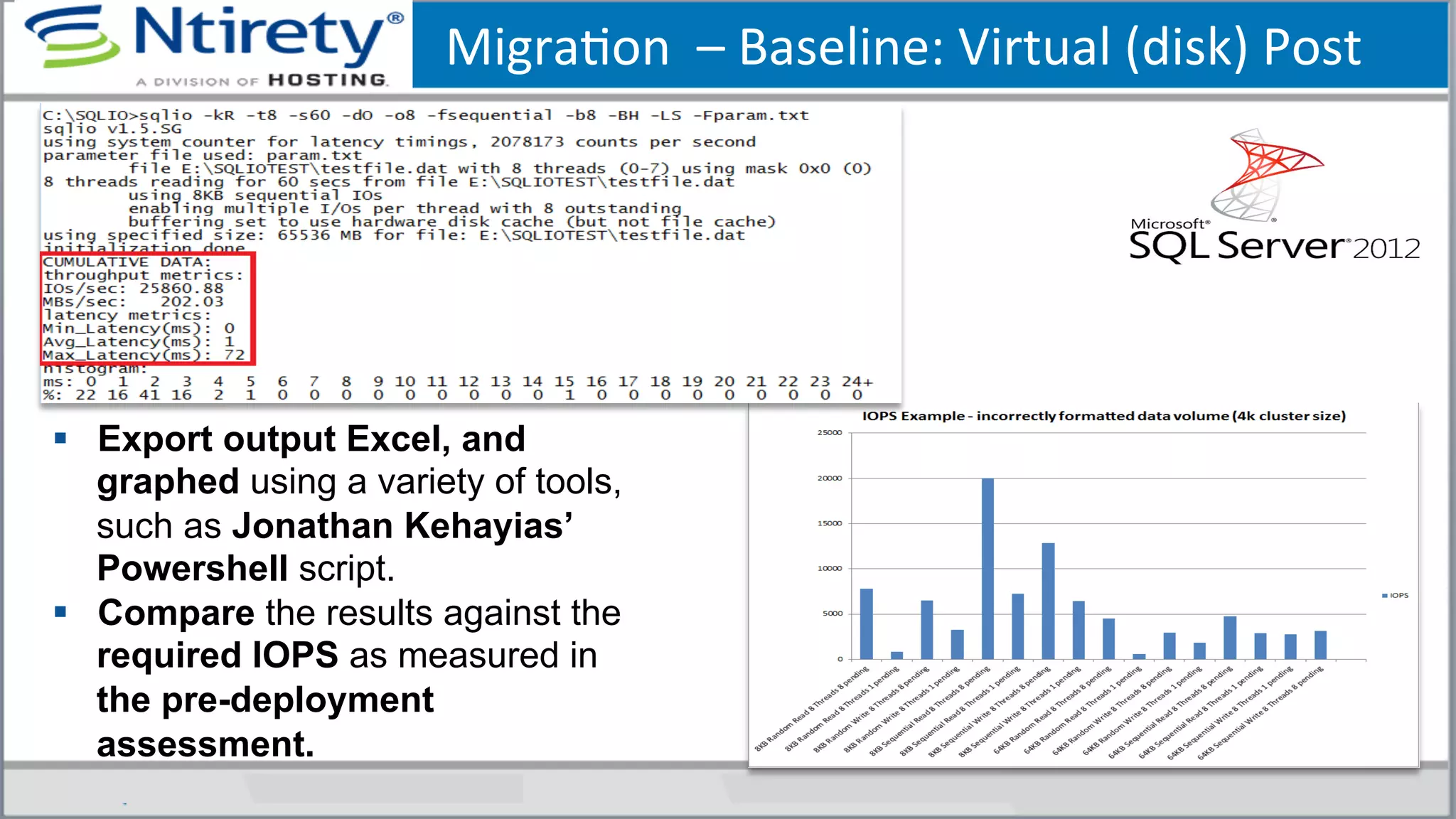 MigraSon	
  	
  –	
  Baseline:	
  Virtual	
  (disk)	
  Post	
  
§  Export output Excel, and
graphed using a variety of tools,
such as Jonathan Kehayias’
Powershell script.
§  Compare the results against the
required IOPS as measured in
the pre-deployment
assessment.
 