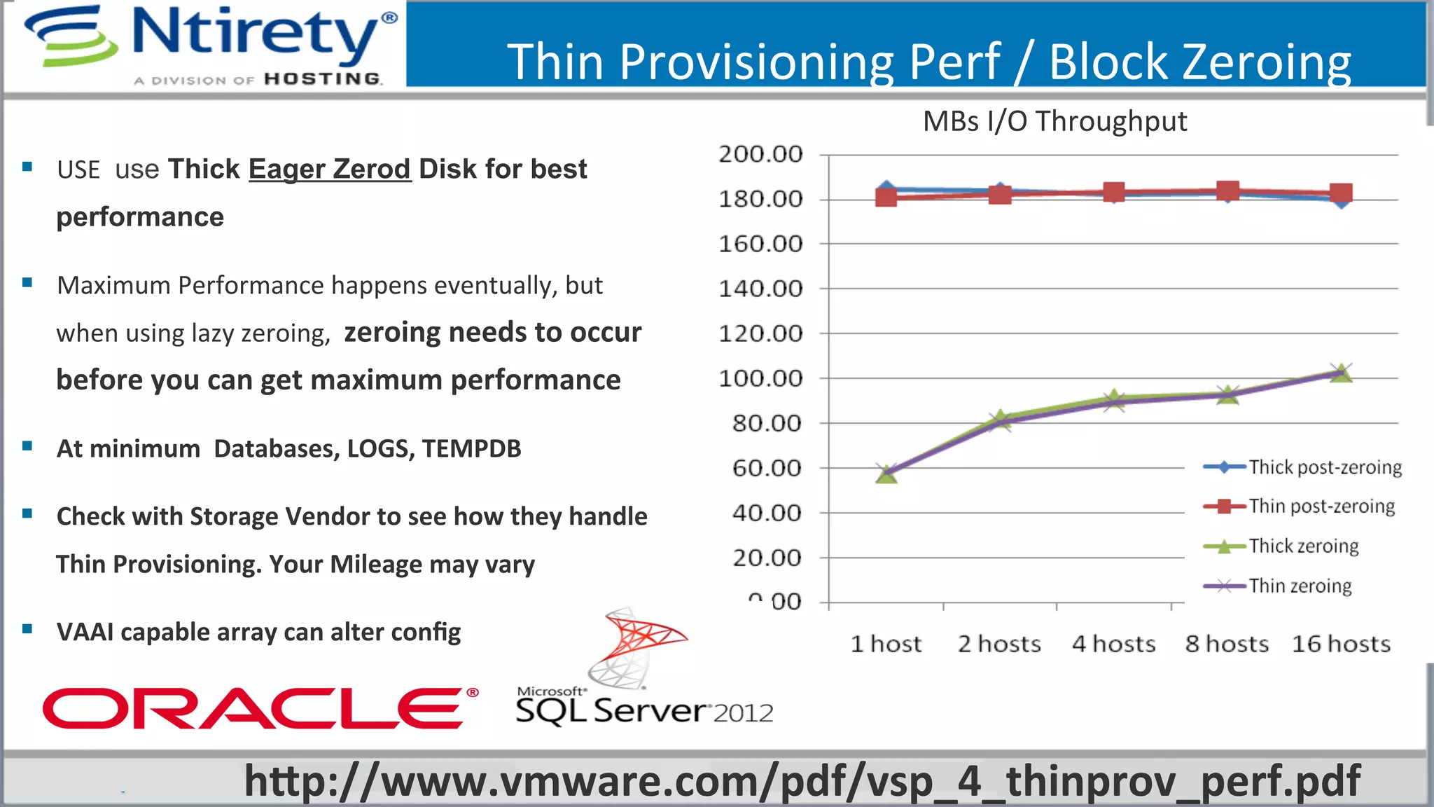 Thin	
  Provisioning	
  Perf	
  /	
  Block	
  Zeroing	
  
MBs	
  I/O	
  Throughput	
  
§  USE	
   use Thick Eager Zerod Disk for best
performance	
  
§  Maximum	
  Performance	
  happens	
  eventually,	
  but	
  
when	
  using	
  lazy	
  zeroing,	
  	
  zeroing	
  needs	
  to	
  occur	
  
before	
  you	
  can	
  get	
  maximum	
  performance	
  
§  At	
  minimum	
  	
  Databases,	
  LOGS,	
  TEMPDB	
  
§  Check	
  with	
  Storage	
  Vendor	
  to	
  see	
  how	
  they	
  handle	
  
Thin	
  Provisioning.	
  Your	
  Mileage	
  may	
  vary	
  
§  VAAI	
  capable	
  array	
  can	
  alter	
  conﬁg	
  
hfp://www.vmware.com/pdf/vsp_4_thinprov_perf.pdf	
  
 