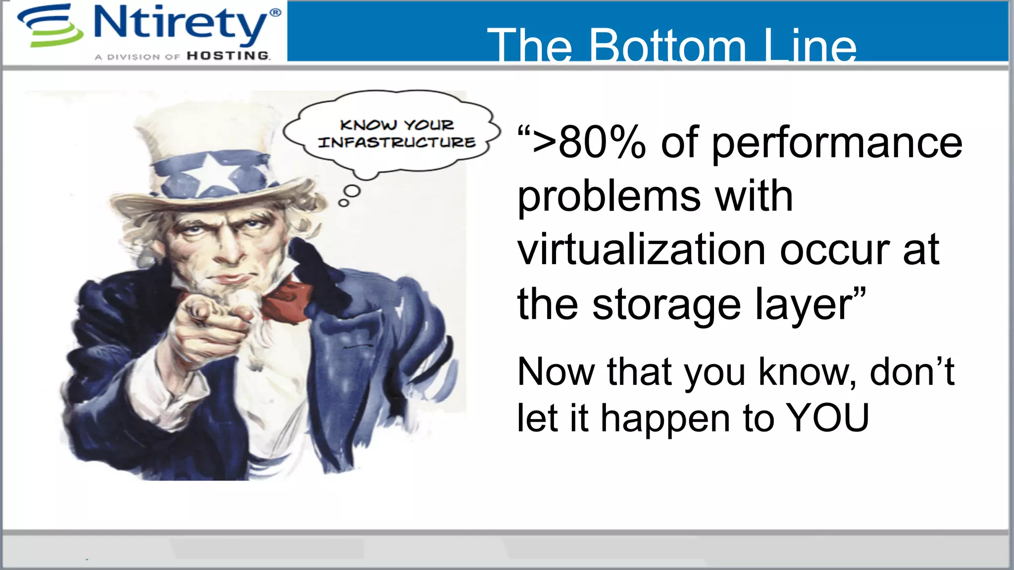 The Bottom Line
“>80% of performance
problems with
virtualization occur at
the storage layer”
Now that you know, don’t
let it happen to YOU
 
