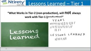 Lessons	
  Learned	
  –	
  Tier	
  1	
  
“What	
  Works	
  in	
  Tier-­‐2	
  (non-­‐producAon),	
  will	
  not	
  always	
  
work	
  with	
  Tier-­‐1	
  (producAon)”	
  
32	
  
 