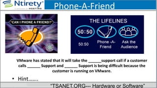 Phone-­‐A-­‐Friend	
  
VMware	
  has	
  stated	
  that	
  it	
  will	
  take	
  the	
  ______support	
  call	
  if	
  a	
  customer	
  
calls	
  ______	
  Support	
  and	
  ______	
  Support	
  is	
  being	
  diﬃcult	
  because	
  the	
  
customer	
  is	
  running	
  on	
  VMware.	
  
•  Hint…….	
  	
  	
  	
  	
  
“TSANET.ORG--- Hardware or Software”
 