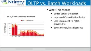 OLTP	
  vs.	
  Batch	
  Workloads	
  
§ What	
  This	
  Means	
  
•  Bexer	
  Server	
  USlizaSon	
  
•  Improved	
  ConsolidaSon	
  RaSos	
  
•  Less	
  Equipment	
  To	
  Patch,	
  
Service,	
  Etc	
  
•  Saves	
  Money/Less	
  Licensing	
  
OLTP/Batch	
  Combined	
  Workload	
  
 