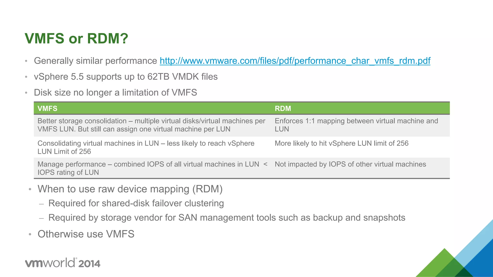 VMFS or RDM? •  Generally similar performance http://www.vmware.com/files/pdf/performance_char_vmfs_rdm.pdf •  vSphere 5.5 supports up to 62TB VMDK files •  Disk size no longer a limitation of VMFS VMFS RDM Better storage consolidation – multiple virtual disks/virtual machines per VMFS LUN. But still can assign one virtual machine per LUN Enforces 1:1 mapping between virtual machine and LUN Consolidating virtual machines in LUN – less likely to reach vSphere LUN Limit of 256 More likely to hit vSphere LUN limit of 256 Manage performance – combined IOPS of all virtual machines in LUN < IOPS rating of LUN Not impacted by IOPS of other virtual machines •  When to use raw device mapping (RDM) –  Required for shared-disk failover clustering –  Required by storage vendor for SAN management tools such as backup and snapshots •  Otherwise use VMFS 