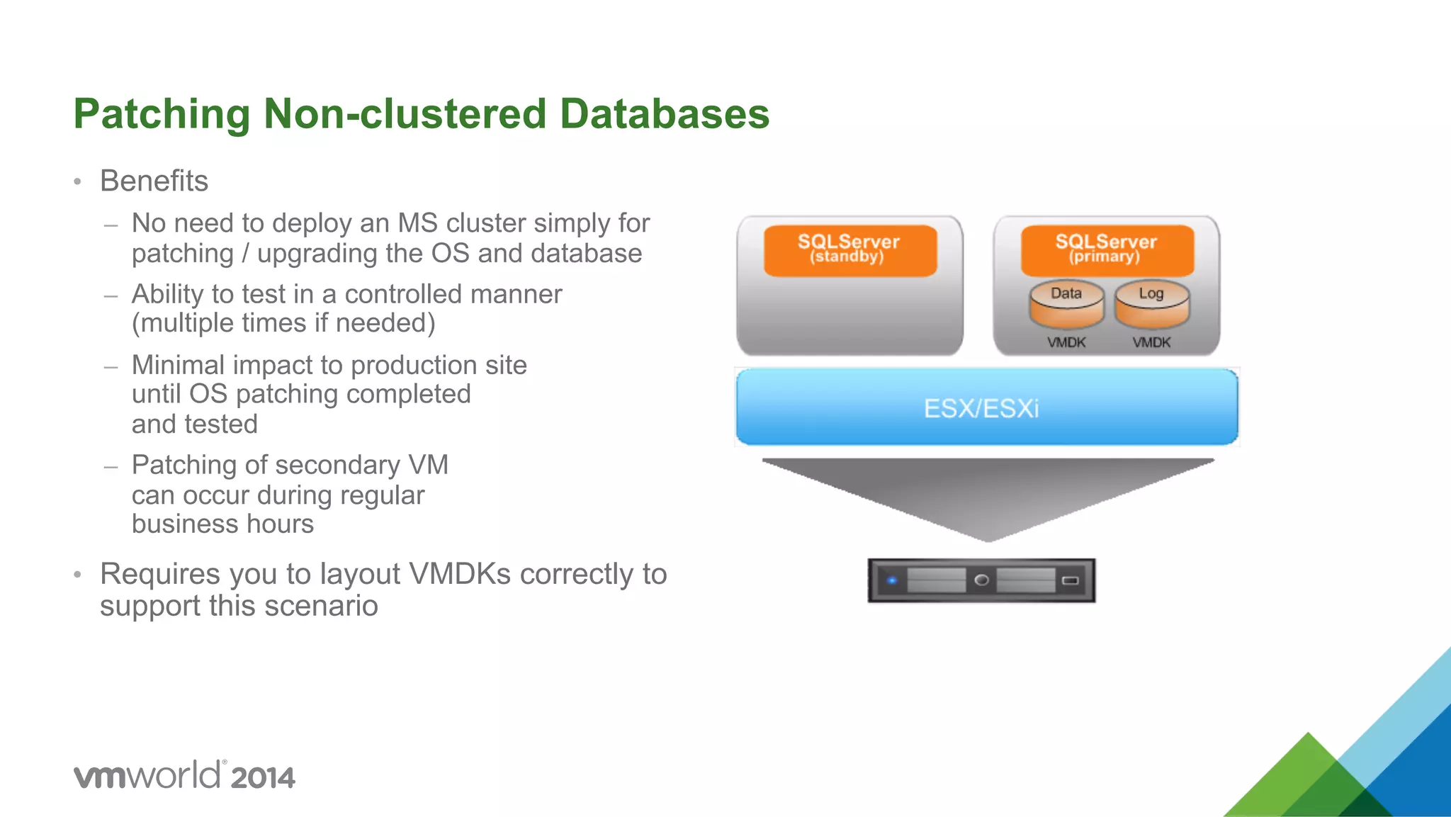 Patching Non-clustered Databases •  Benefits –  No need to deploy an MS cluster simply for patching / upgrading the OS and database –  Ability to test in a controlled manner (multiple times if needed) –  Minimal impact to production site until OS patching completed and tested –  Patching of secondary VM can occur during regular business hours •  Requires you to layout VMDKs correctly to support this scenario 