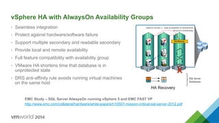 vSphere HA with AlwaysOn Availability Groups
•  Seamless integration
•  Protect against hardware/software failure
•  Support multiple secondary and readable secondary
•  Provide local and remote availability
•  Full feature compatibility with availability group
•  VMware HA shortens time that database is in
unprotected state
•  DRS anti-affinity rule avoids running virtual machines
on the same host
EMC Study – SQL Server AlwaysOn running vSphere 5 and EMC FAST VP
http://www.emc.com/collateral/hardware/white-papers/h10507-mission-critical-sql-server-2012.pdf
 