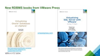 New RDBMS books from VMware Press
66
vmwarepress.com
http://www.pearsonitcertification.com/store/
virtualizing-oracle-databases-on-
vsphere-9780133570182
http://www.pearsonitcertification.com/store/
virtualizing-sql-server-with-vmware-doing-it-
right-9780321927750
 