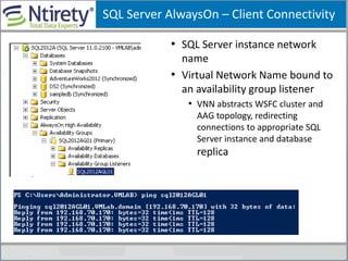 SQL Server AlwaysOn – Client Connectivity
• SQL Server instance network
name
• Virtual Network Name bound to
an availability group listener
• VNN abstracts WSFC cluster and
AAG topology, redirecting
connections to appropriate SQL
Server instance and database
replica
 