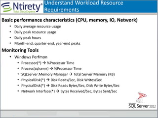 Understand Workload Resource
Requirements
Basic performance characteristics (CPU, memory, IO, Network)
• Daily average resource usage
• Daily peak resource usage
• Daily peak hours
• Month-end, quarter-end, year-end peaks
Monitoring Tools
• Windows Perfmon
• Processor(*)  %Processor Time
• Process(sqlservr)  %Processor Time
• SQLServer:Memory Manager  Total Server Memory (KB)
• PhysicalDisk(*)  Disk Reads/Sec, Disk Writes/Sec
• PhysicalDisk(*)  Disk Reads Bytes/Sec, Disk Write Bytes/Sec
• Network Interface(*)  Bytes Received/Sec, Bytes Sent/Sec
 