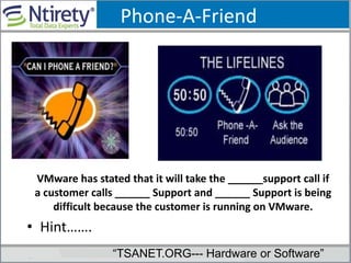 Phone-A-Friend
VMware has stated that it will take the ______support call if
a customer calls ______ Support and ______ Support is being
difficult because the customer is running on VMware.
• Hint…….
“TSANET.ORG--- Hardware or Software”
 