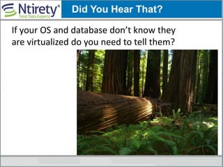 If your OS and database don’t know they
are virtualized do you need to tell them?
Did You Hear That?
 
