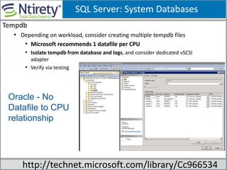 SQL Server: System Databases
Tempdb
• Depending on workload, consider creating multiple tempdb files
• Microsoft recommends 1 datafile per CPU
• Isolate tempdb from database and logs, and consider dedicated vSCSI
adapter
• Verify via testing
http://technet.microsoft.com/library/Cc966534
Oracle - No
Datafile to CPU
relationship
 