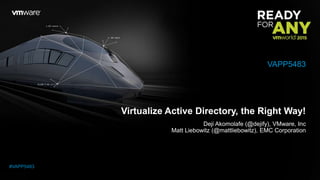 Virtualize Active Directory, the Right Way!
Deji Akomolafe (@dejify), VMware, Inc
Matt Liebowitz (@mattliebowitz), EMC Corporation
VAPP5483
#VAPP5483
 