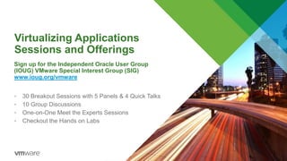 Virtualizing Applications
Sessions and Offerings
• 30 Breakout Sessions with 5 Panels & 4 Quick Talks
• 10 Group Discussions
• One-on-One Meet the Experts Sessions
• Checkout the Hands on Labs
Sign up for the Independent Oracle User Group
(IOUG) VMware Special Interest Group (SIG)
www.ioug.org/vmware
 