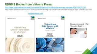 RDBMS Books from VMware Press
Book signing @ 1PM
Tuesday Sept 1
vmwarepress.com
http://www.pearsonitcertification.com/store/virtualizing-oracle-databases-on-vsphere-9780133570182
http://www.pearsonitcertification.com/store/virtualizing-sql-server-with-vmware-doing-it-right-9780321927750
CONFIDENTIAL 45
 