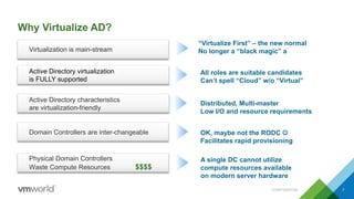 Why Virtualize AD?
CONFIDENTIAL 7
Active Directory virtualization
is FULLY supported
“Virtualize First” – the new normal
No longer a “black magic” aVirtualization is main-stream
Active Directory characteristics
are virtualization-friendly
Domain Controllers are inter-changeable
All roles are suitable candidates
Can’t spell “Cloud” w/o “Virtual”
Distributed, Multi-master
Low I/O and resource requirements
OK, maybe not the RODC 
Facilitates rapid provisioning
Physical Domain Controllers
Waste Compute Resources $$$$
A single DC cannot utilize
compute resources available
on modern server hardware
 