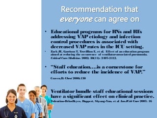 • Educational programs for RNs and RTs 
addressing VAP etiology and infection 
control procedures is associated with 
decreased VAP rates in the ICU setting. 
• Zack JE, Garrison T, Trovillion E, et al. Effect of an education program 
aimed at reducing the occurrence of ventilator-associated pneumonia. 
Critical Care Medicine. 2002; 30(11): 2407-2412. 
• “Staff education….is a cornerstone for 
efforts to reduce the incidence of VAP.” 
Craven,D. Chest 2006;130 
• Ventilator bundle staff educational sessions 
have a significant effect on clinical practice. 
• Tolentino-DelosReyes, Ruppert, Shyang-Yun, et al Am J Crit Care 2007; 16 
 