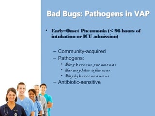 • Early–Onset Pneumonia (< 96 hours of 
intubation or ICU admission) 
– Community-acquired 
– Pathogens: 
• Stre p to c o c c us p ne um o nia e 
• Ha e m o philus influe nz a e 
• Sta phy lo c o c c us a ure us 
– Antibiotic-sensitive 
 