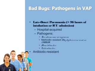 • Late-Onset Pneumonia (> 96 hours of 
intubation or ICU admission) 
– Hospital-acquired 
– Pathogens: 
• Ps e ud o m o na s a e rug ino s a 
• Methicillin resistant Sta phy lo c o c c us a ure us 
(MRSA) 
• Ac ine to ba c te r 
• Ente ro ba c te r 
• Antibiotic-resistant 
 